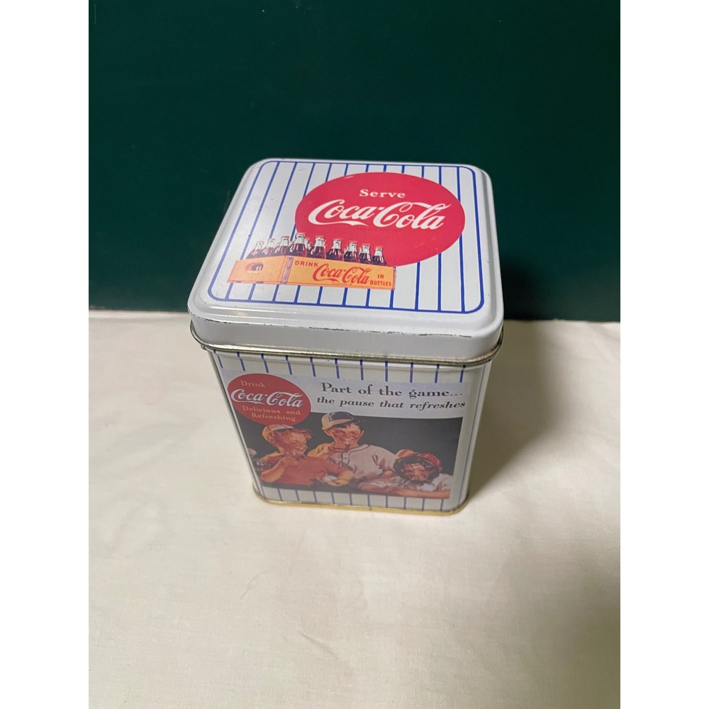 Vintage Coca-Cola Baseball Theme Collectible Tin Square Metal Storage Box 5in